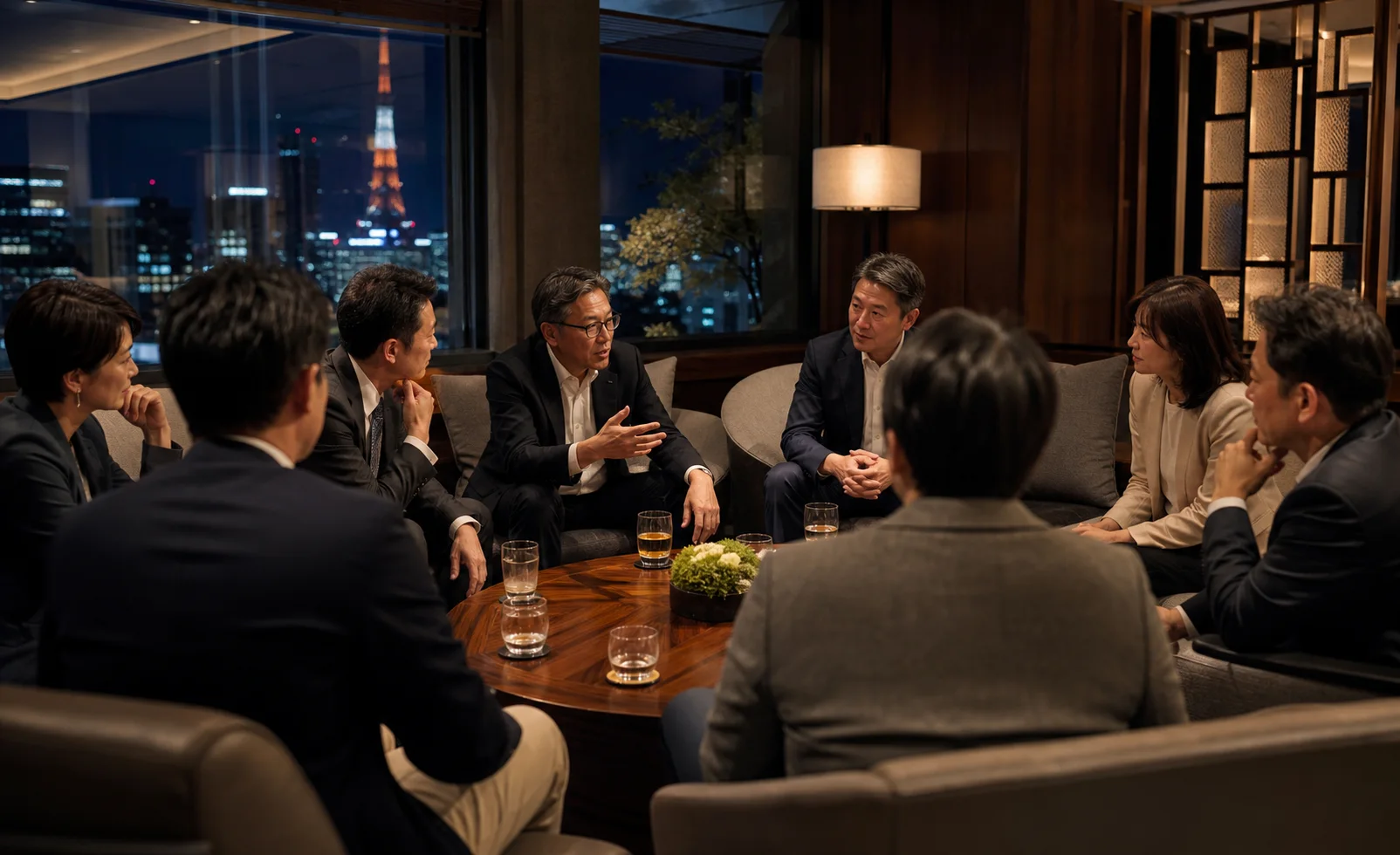 東京のエグゼクティブラウンジで事業について語り合う経営者たち
